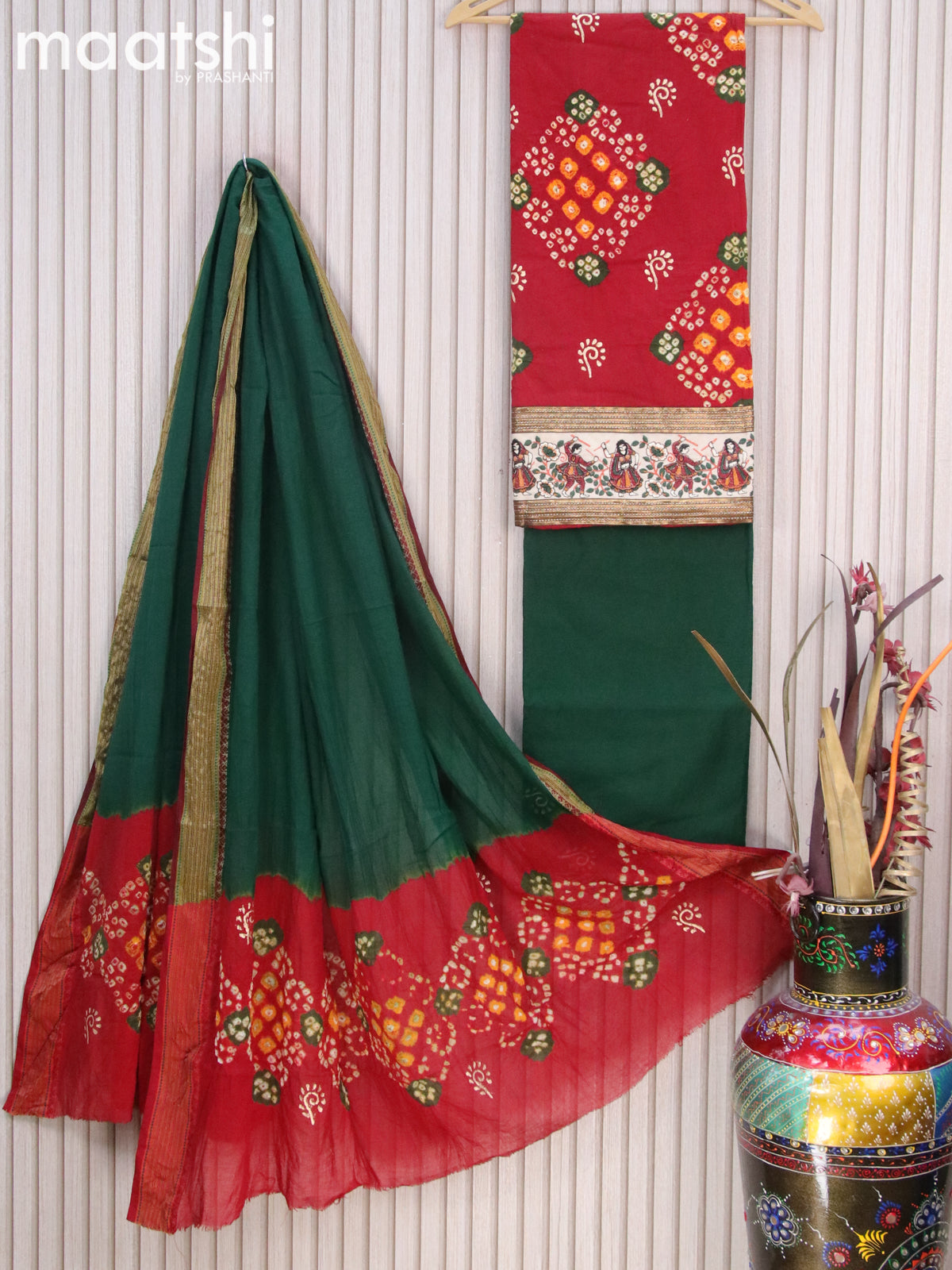 Cotton dress material maroon and dark green with bandhani prints and b Maatshi