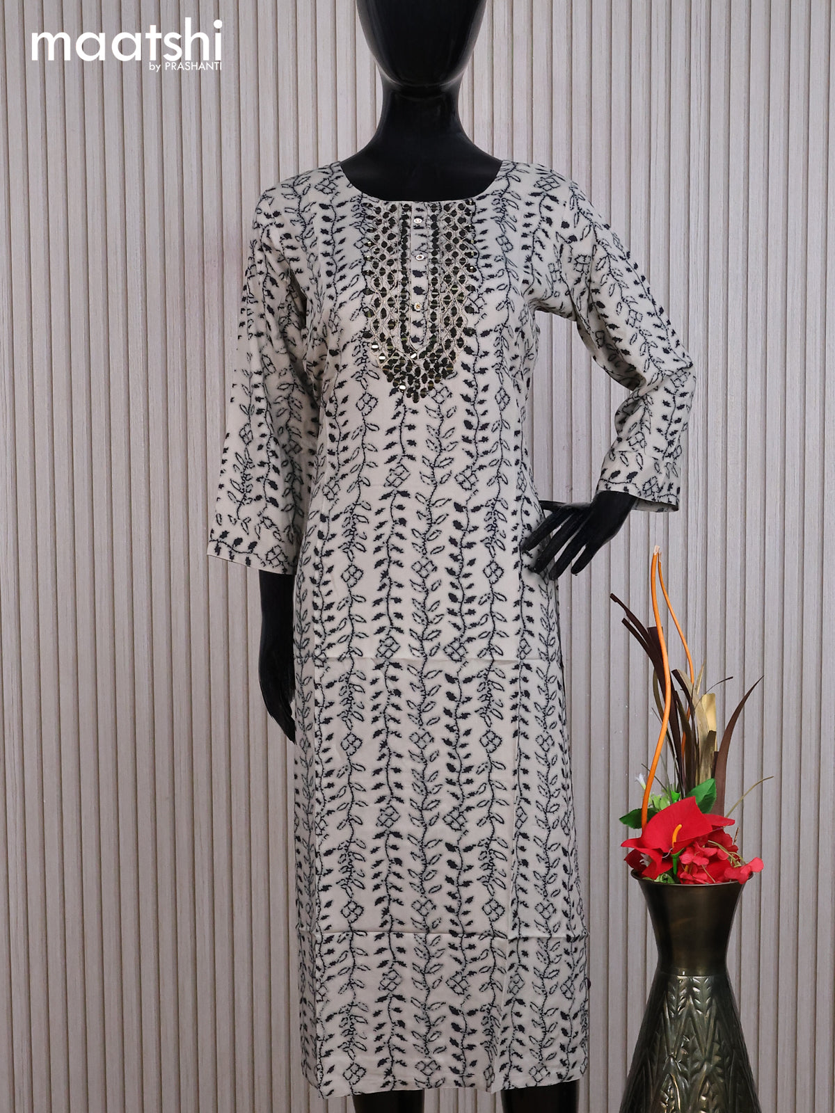 Cotton readymade kurti beige and black with allover prints embroidery mirror work neck pattern without pant