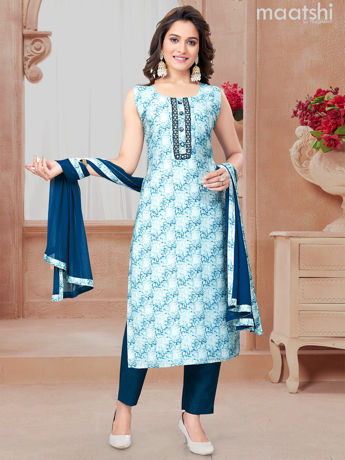 Chanderi readymade salwar suits pastel blue shade and peacock blue with allover prints embroidery work neck pattern and straight cut pant chiffon