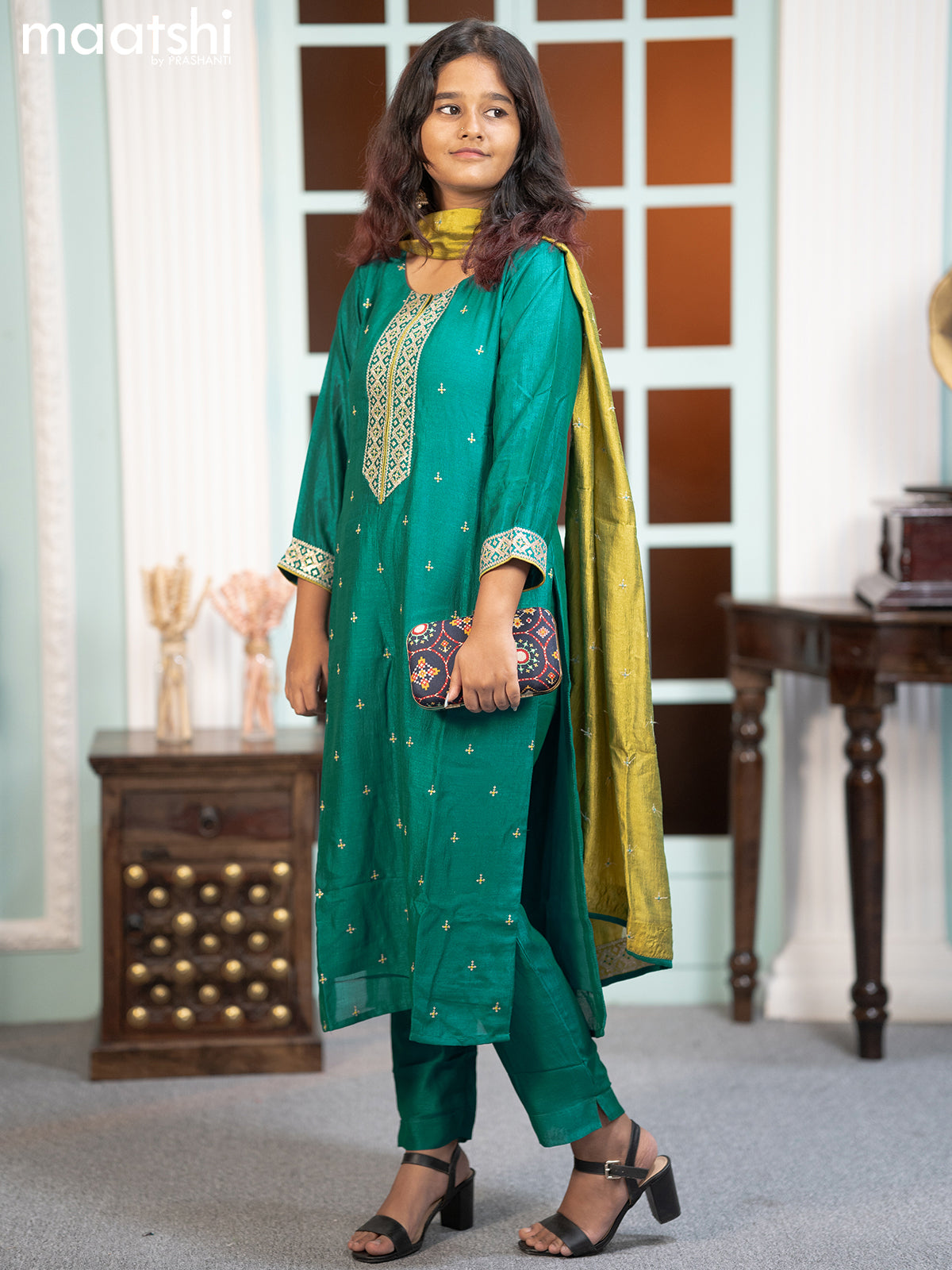 Raw silk readymade salwar suits peacock green with embroidery work nec Maatshi