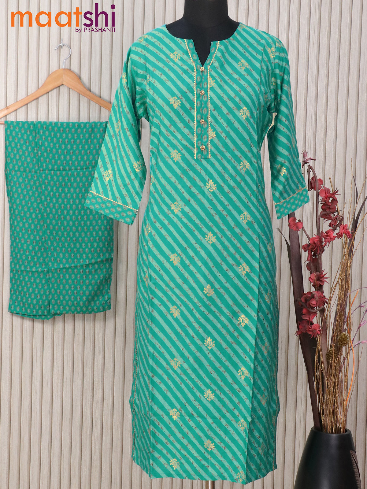 Muslin readymade kurti teal green with allover prints gotapatti lace work neck pattern and straight cut pant