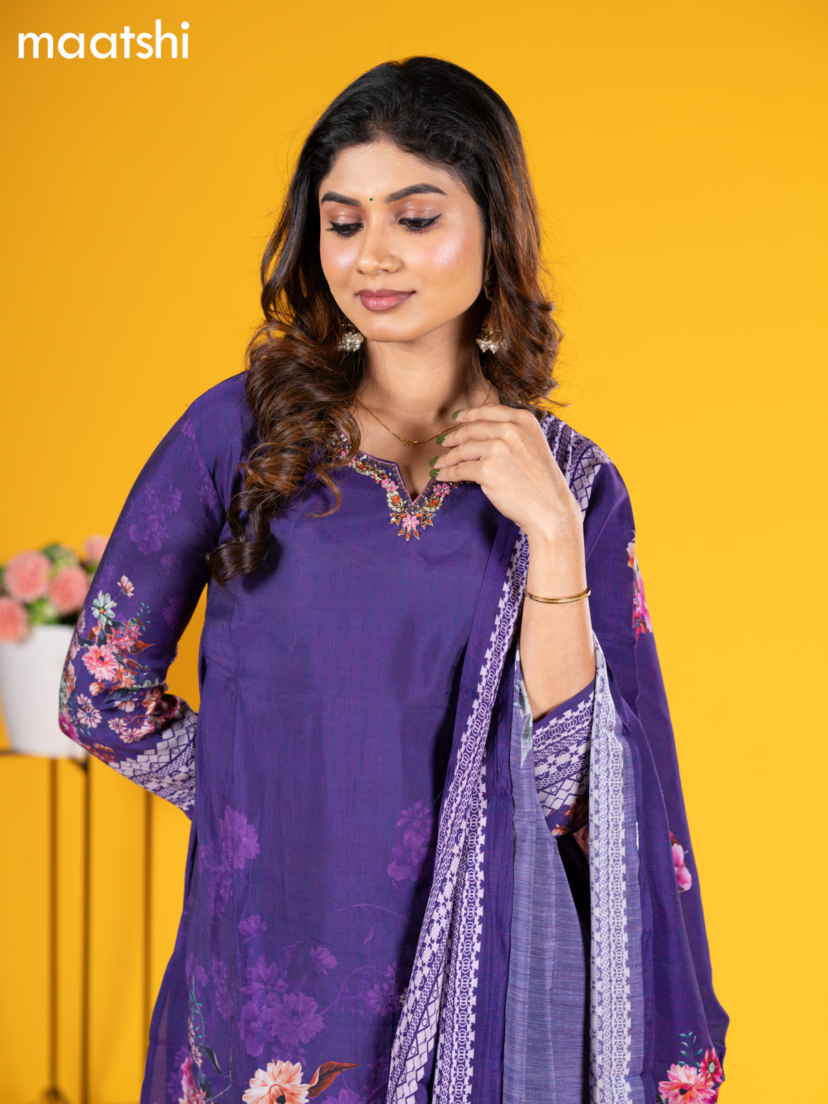 Modal salwar suit violet with floral prints & embroidery sequin work neck pattern and straight cut pant & printed dupatta