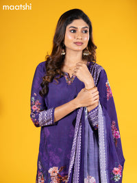 Modal salwar suit violet with floral prints & embroidery sequin work neck pattern and straight cut pant & printed dupatta