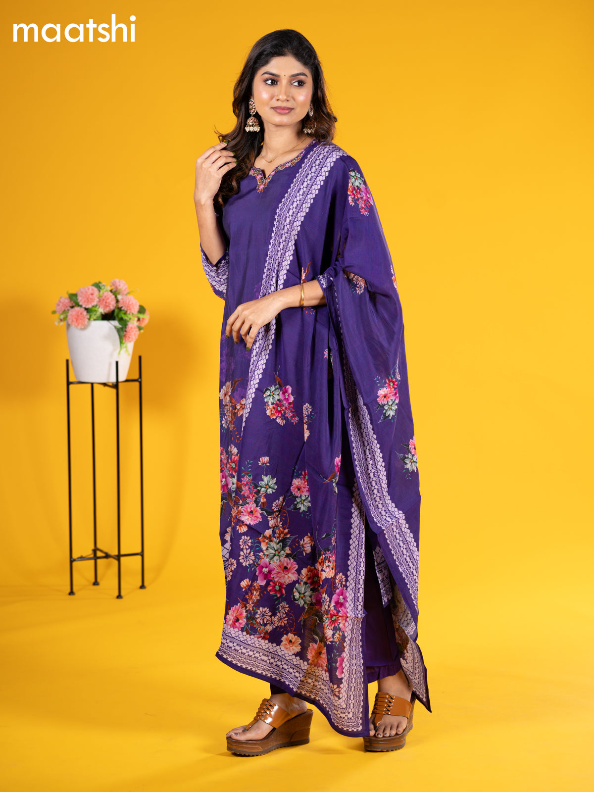 Modal salwar suit violet with floral prints & embroidery sequin work neck pattern and straight cut pant & printed dupatta