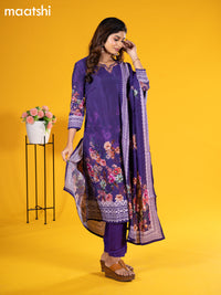 Modal salwar suit violet with floral prints & embroidery sequin work neck pattern and straight cut pant & printed dupatta