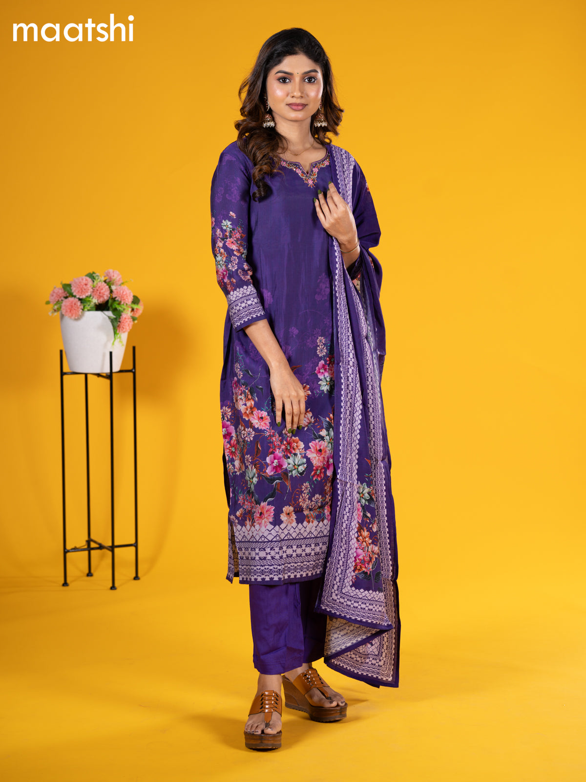 Modal salwar suit violet with floral prints & embroidery sequin work neck pattern and straight cut pant & printed dupatta