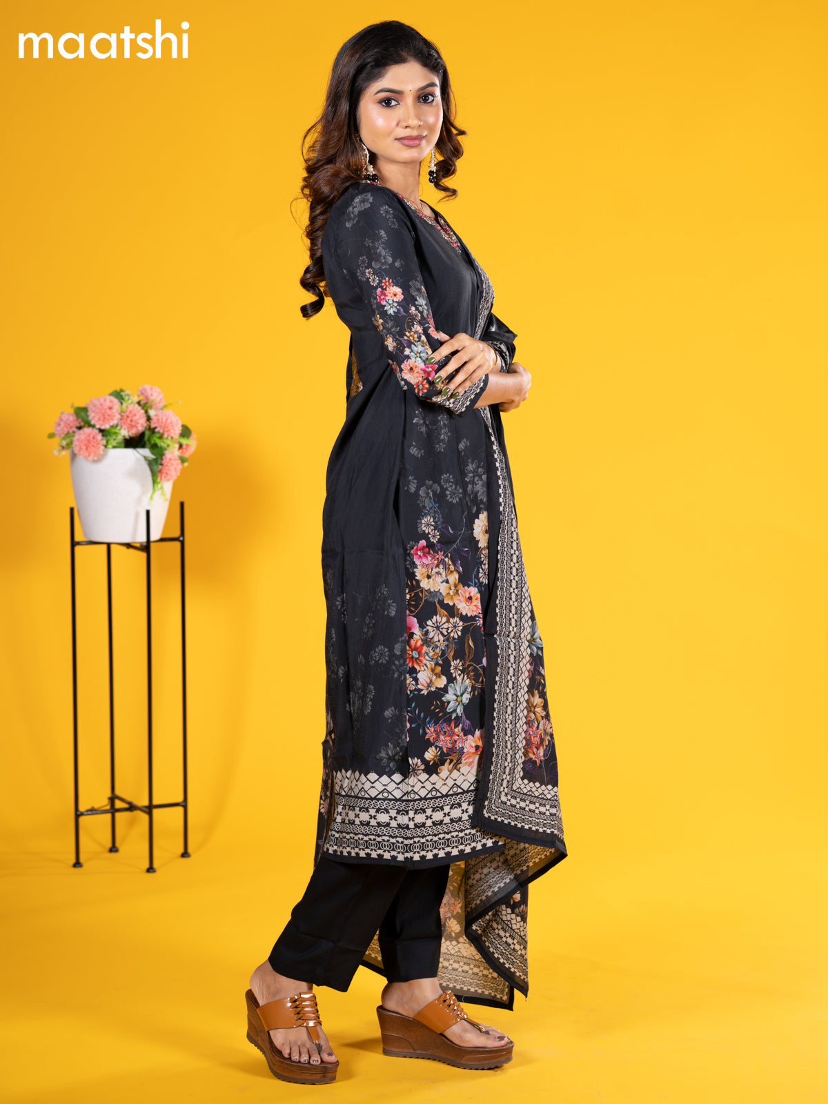 Modal salwar suit black with floral prints & embroidery sequin work neck pattern and straight cut pant & printed dupatta