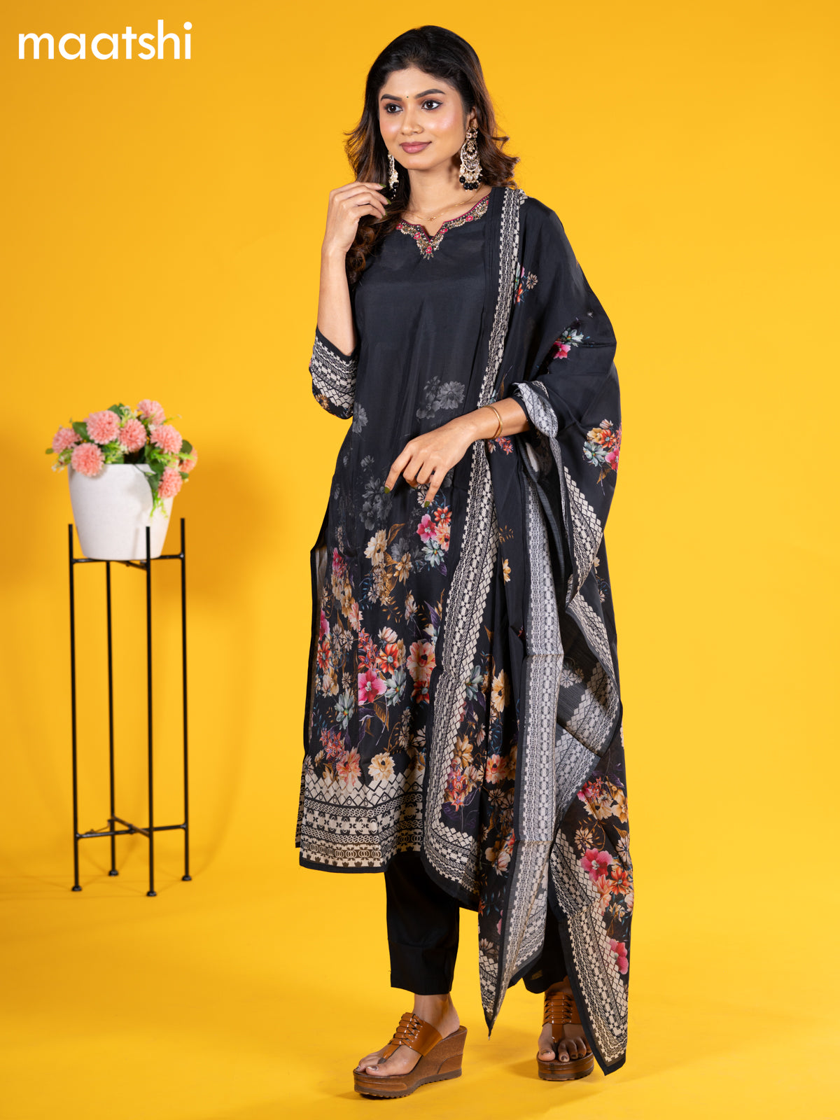 Modal salwar suit black with floral prints & embroidery sequin work neck pattern and straight cut pant & printed dupatta