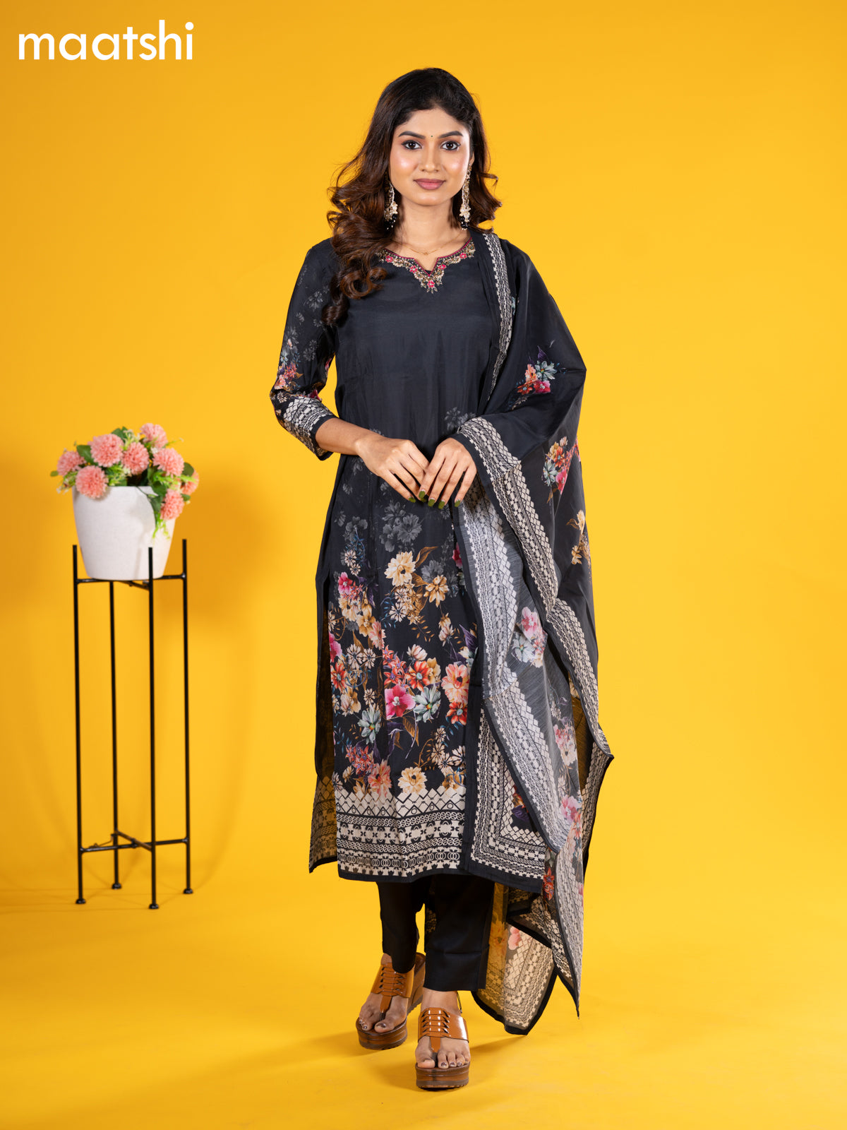 Modal salwar suit black with floral prints & embroidery sequin work neck pattern and straight cut pant & printed dupatta