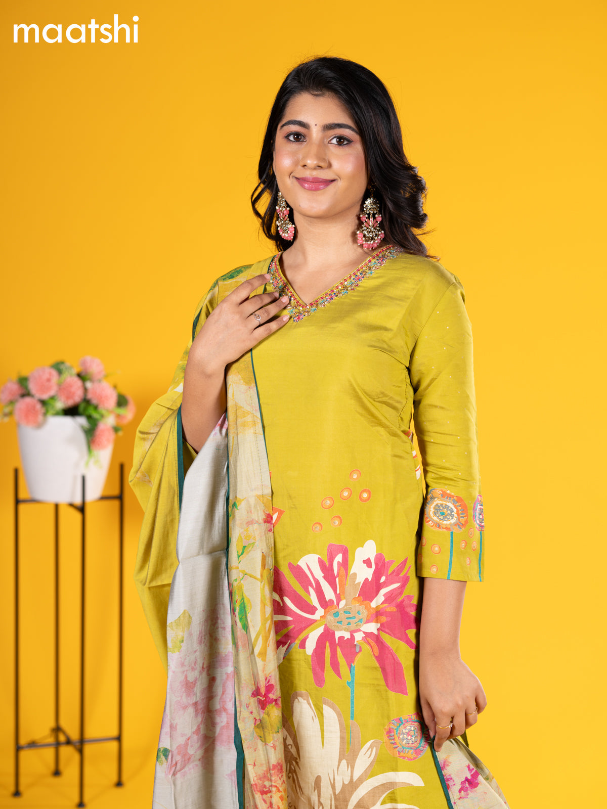 Modal salwar suit lime green with floral prints & embroidery sequin work v neck pattern and straight cut pant & printed dupatta