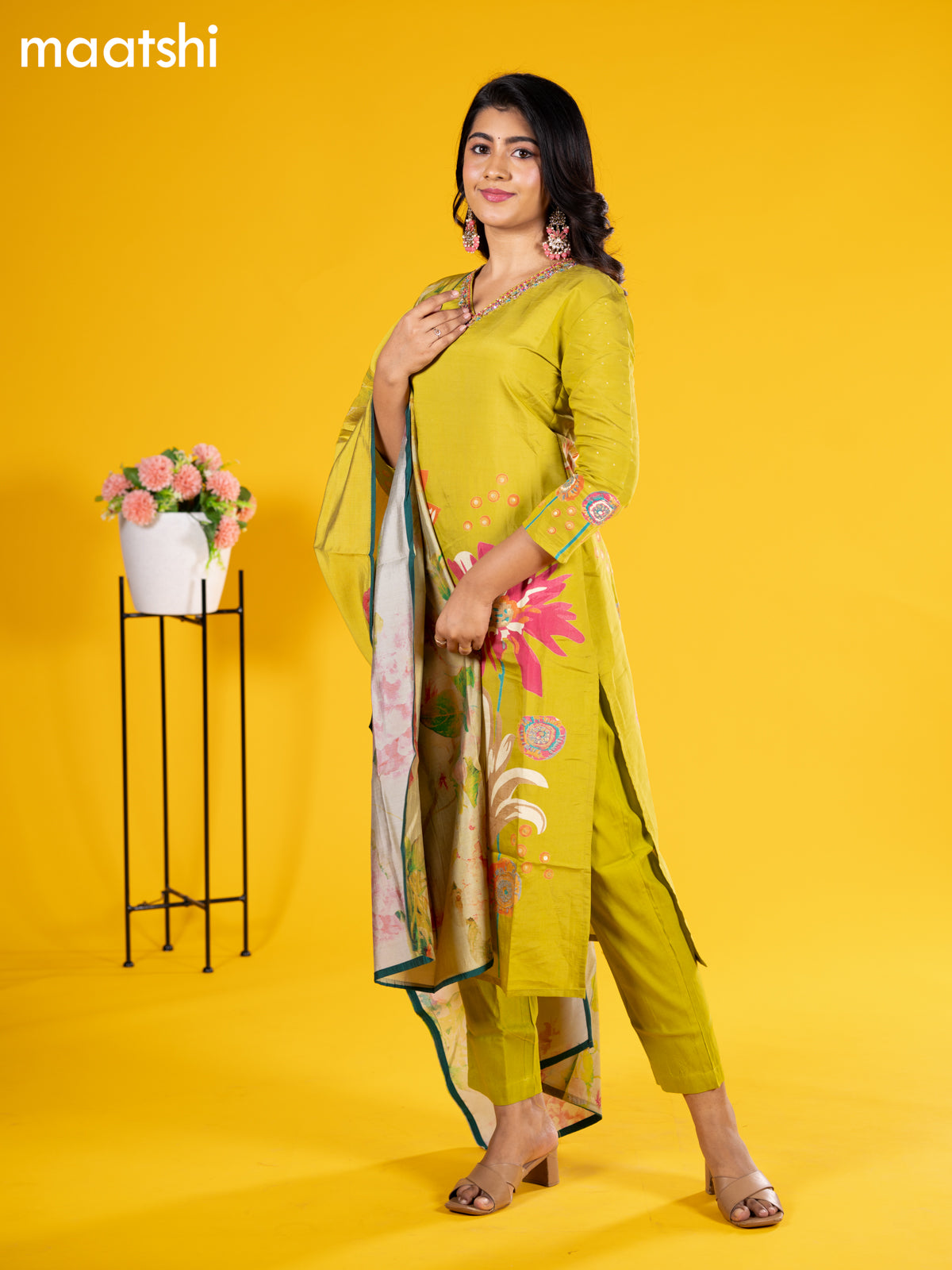 Modal salwar suit lime green with floral prints & embroidery sequin work v neck pattern and straight cut pant & printed dupatta