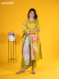 Modal salwar suit lime green with floral prints & embroidery sequin work v neck pattern and straight cut pant & printed dupatta