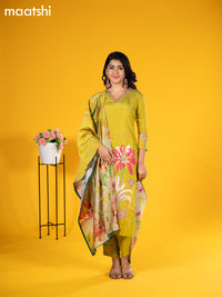 Modal salwar suit lime green with floral prints & embroidery sequin work v neck pattern and straight cut pant & printed dupatta