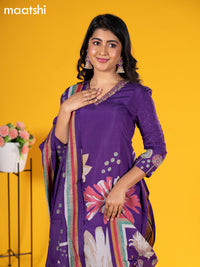 Modal salwar suit violet with floral prints & sequin beaded work v neck pattern and straight cut pant & printed dupatta