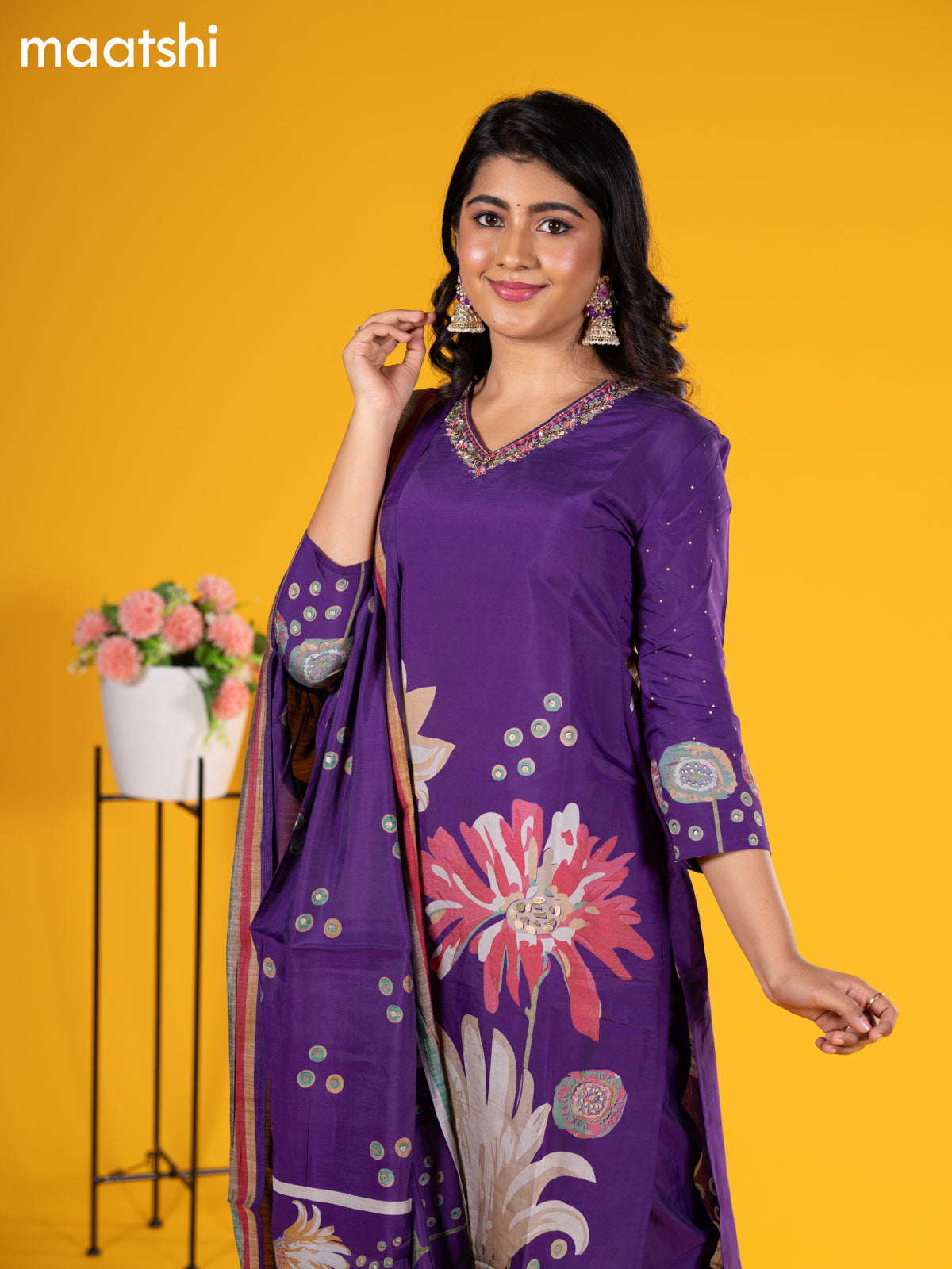 Modal salwar suit violet with floral prints & sequin beaded work v neck pattern and straight cut pant & printed dupatta