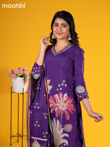 Modal salwar suit violet with floral prints & sequin beaded work v neck pattern and straight cut pant & printed dupatta