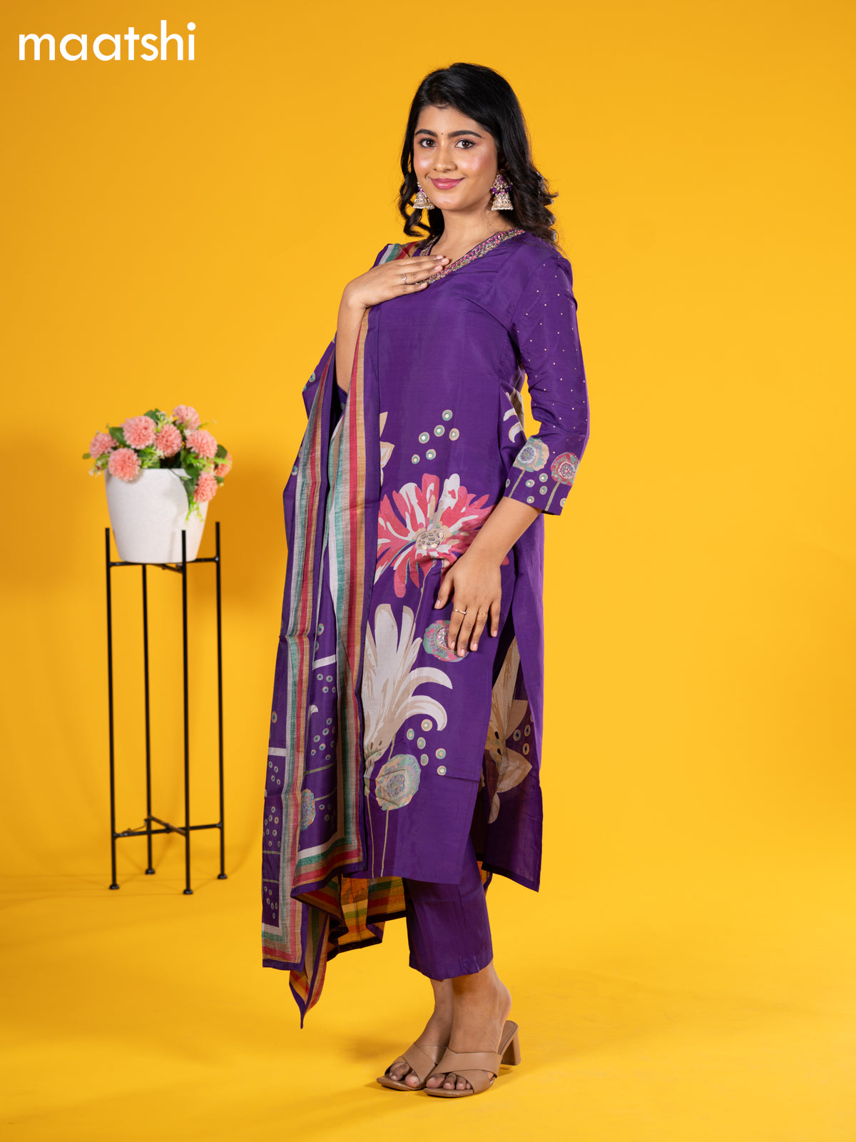 Modal salwar suit violet with floral prints & sequin beaded work v neck pattern and straight cut pant & printed dupatta