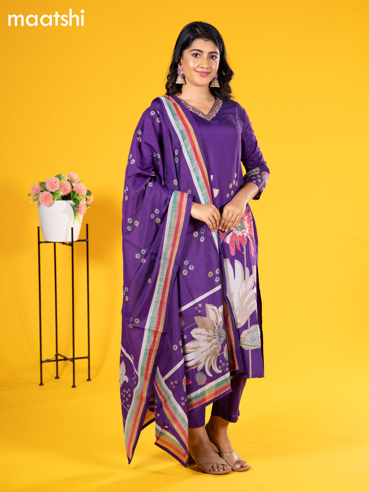 Modal salwar suit violet with floral prints & sequin beaded work v neck pattern and straight cut pant & printed dupatta