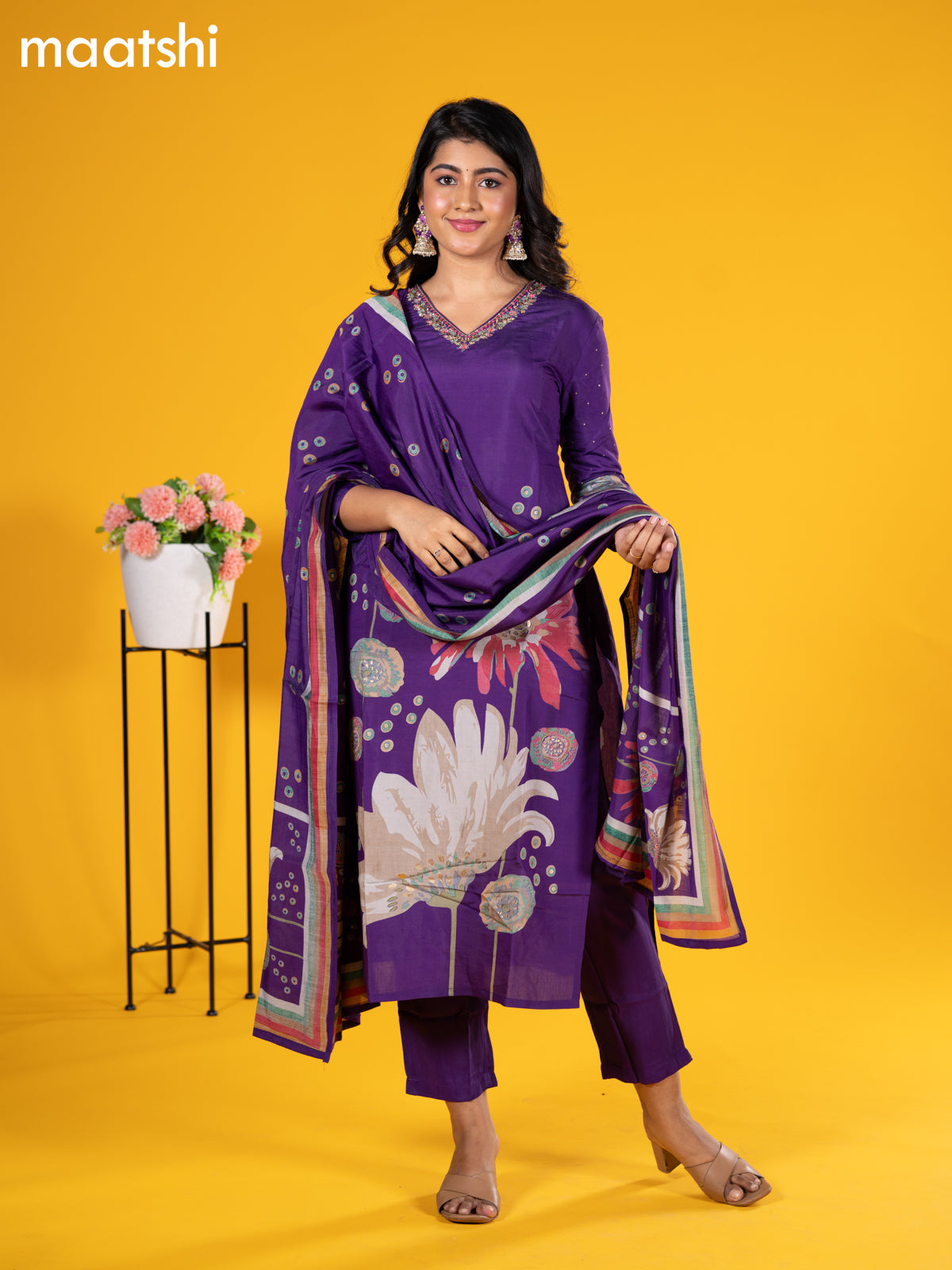 Modal salwar suit violet with floral prints & sequin beaded work v neck pattern and straight cut pant & printed dupatta