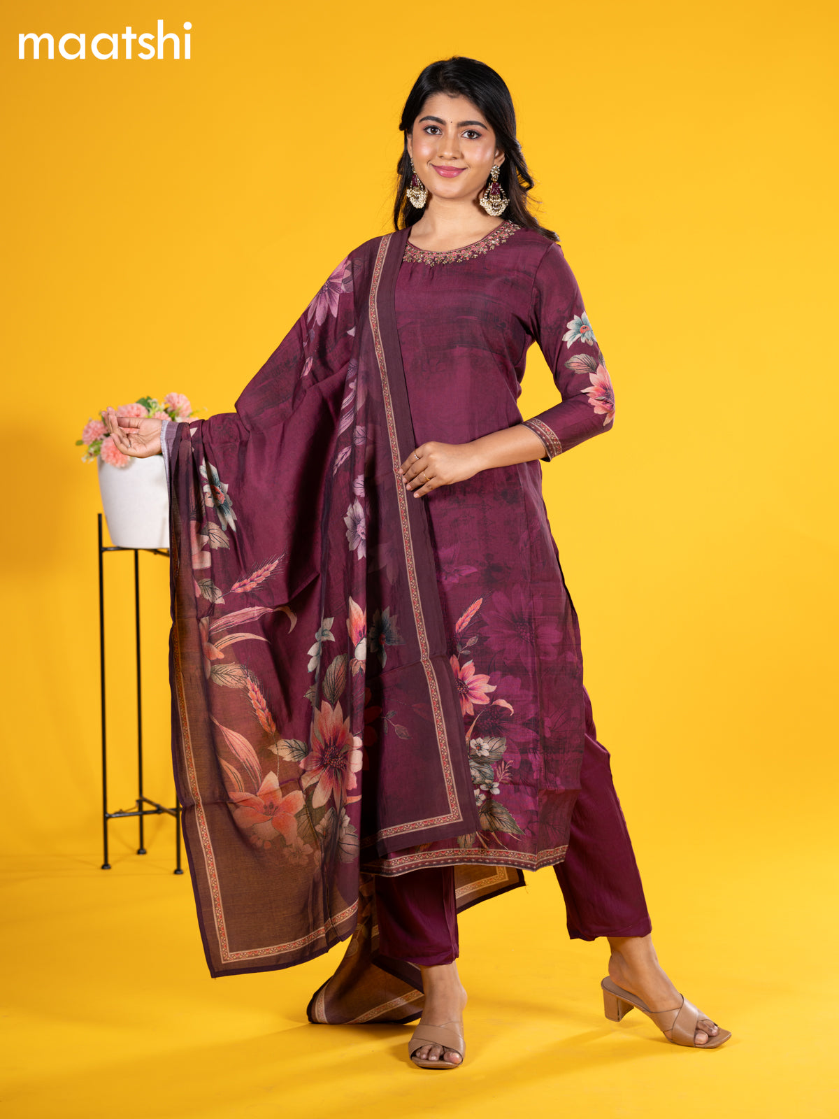 Modal salwar suit wine shade with allover floral prints & zardosi mirror work neck pattern and straight cut pant & printed dupatta