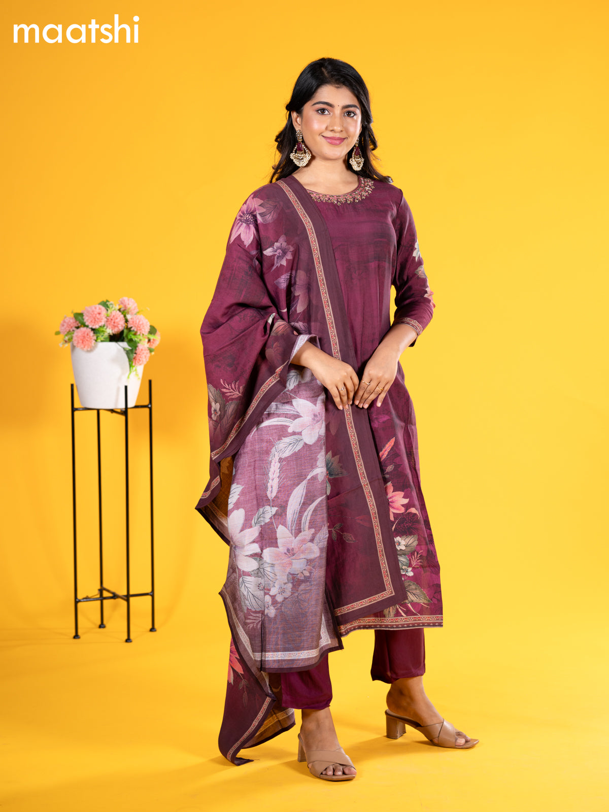 Modal salwar suit wine shade with allover floral prints & zardosi mirror work neck pattern and straight cut pant & printed dupatta