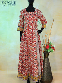 Kalamkari cotton floor length kurti cream and maroon with allover prints & simple design neck line pattern