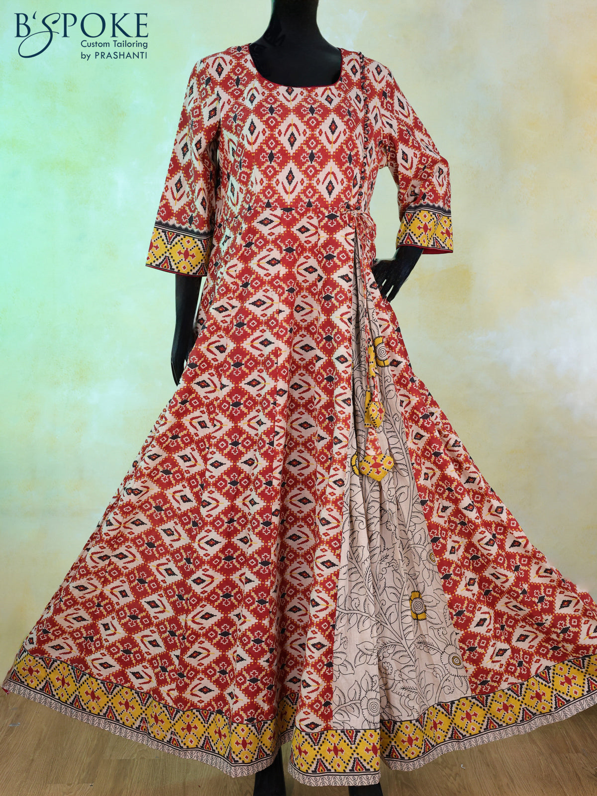 Kalamkari cotton floor length kurti cream and maroon with allover prints & simple design neck line pattern