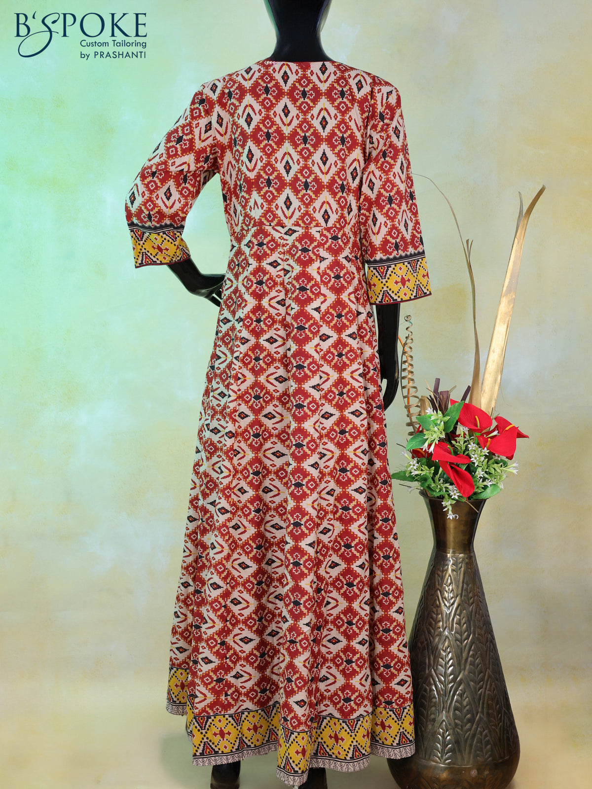 Kalamkari cotton floor length kurti cream and maroon with allover prints & simple design neck line pattern