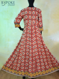 Kalamkari cotton floor length kurti cream and maroon with allover prints & simple design neck line pattern