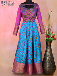 Semi tussar anarkali kurti dual shade of purple and cs blue with allover ikat weaves & patch work neck pattern and long sleeve & zari border