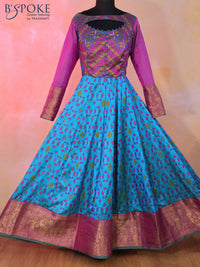 Semi tussar anarkali kurti dual shade of purple and cs blue with allover ikat weaves & patch work neck pattern and long sleeve & zari border