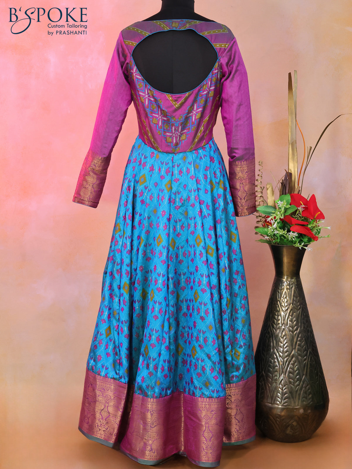 Semi tussar anarkali kurti dual shade of purple and cs blue with allover ikat weaves & patch work neck pattern and long sleeve & zari border