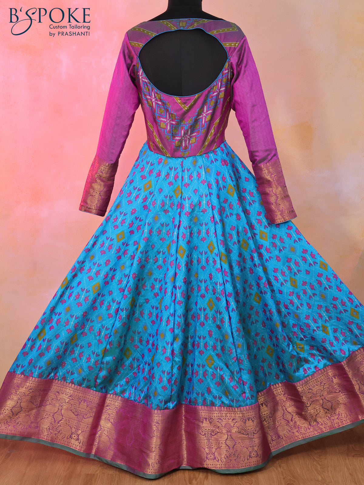 Semi tussar anarkali kurti dual shade of purple and cs blue with allover ikat weaves & patch work neck pattern and long sleeve & zari border