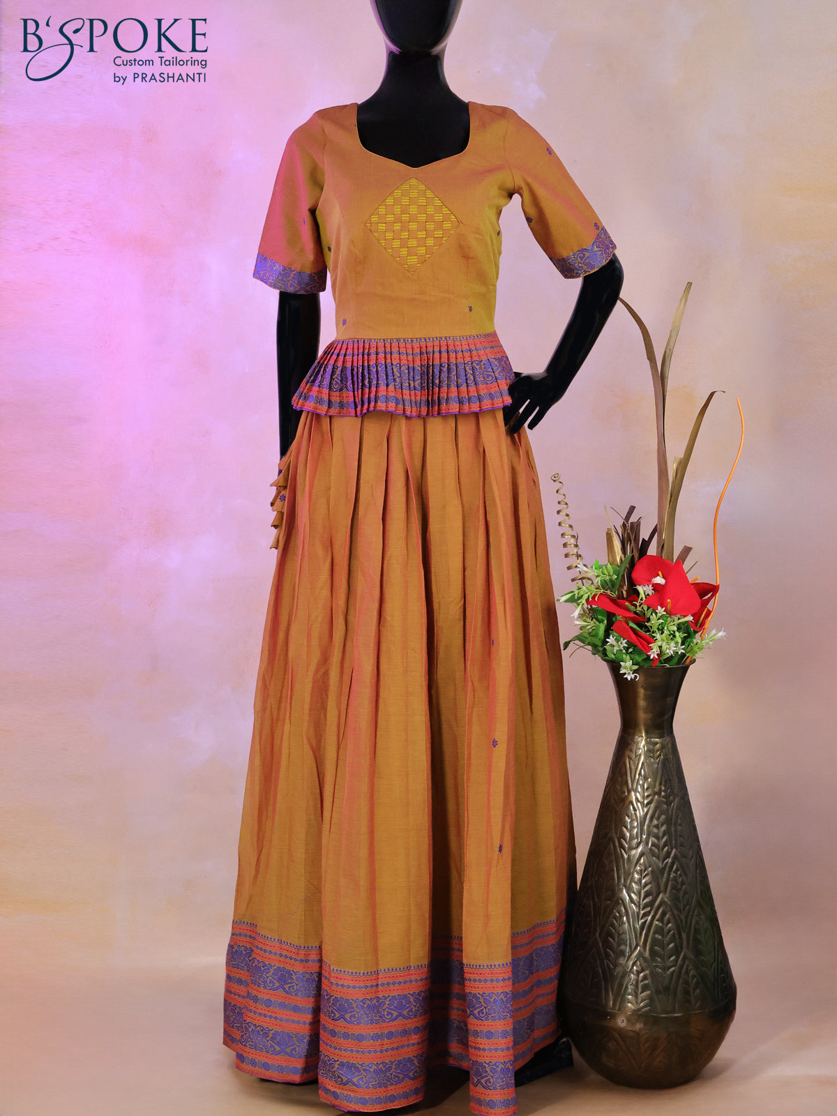 Narayanpet top & skirt set dual shade of greenish pink and blue with patch work neck pattern and long thread woven border