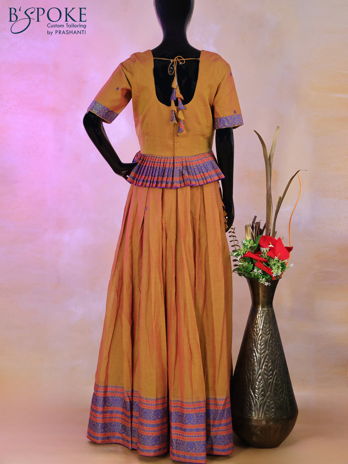 Narayanpet top & skirt set dual shade of greenish pink and blue with patch work neck pattern and long thread woven border