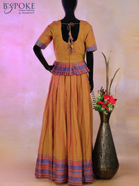 Narayanpet top & skirt set dual shade of greenish pink and blue with patch work neck pattern and long thread woven border