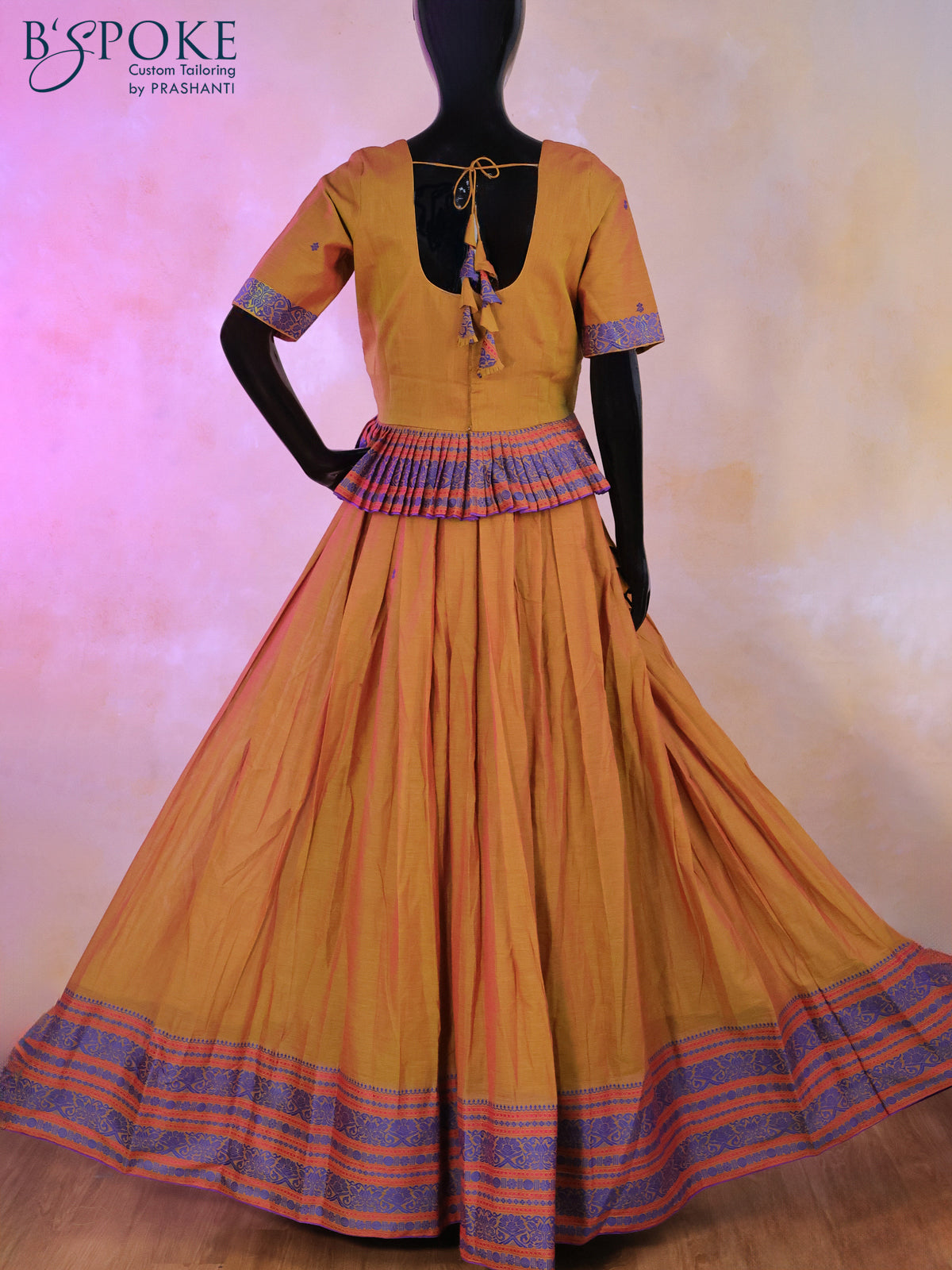 Narayanpet top & skirt set dual shade of greenish pink and blue with patch work neck pattern and long thread woven border