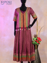 Banarasi georgette coat type kurti deep purple with allover zari woven butta weaves and long zari woven border