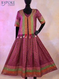 Banarasi georgette coat type kurti deep purple with allover zari woven butta weaves and long zari woven border