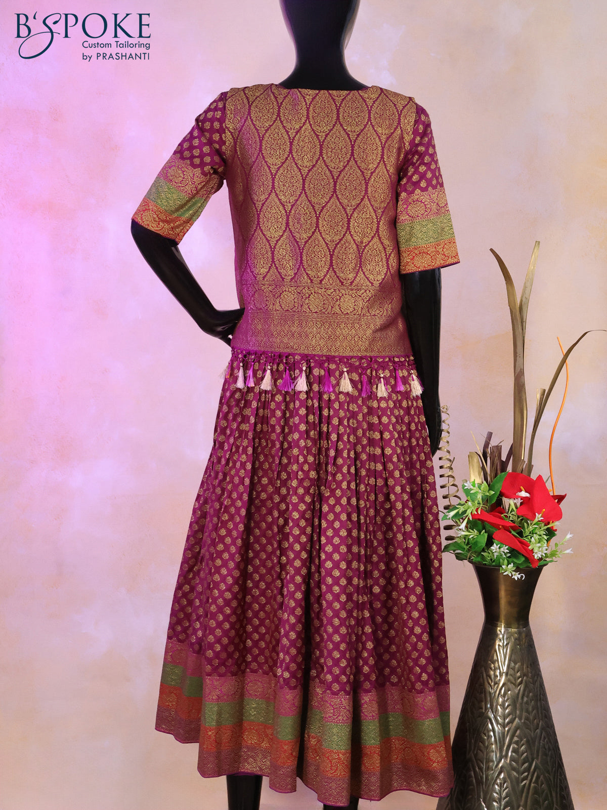 Banarasi georgette coat type kurti deep purple with allover zari woven butta weaves and long zari woven border