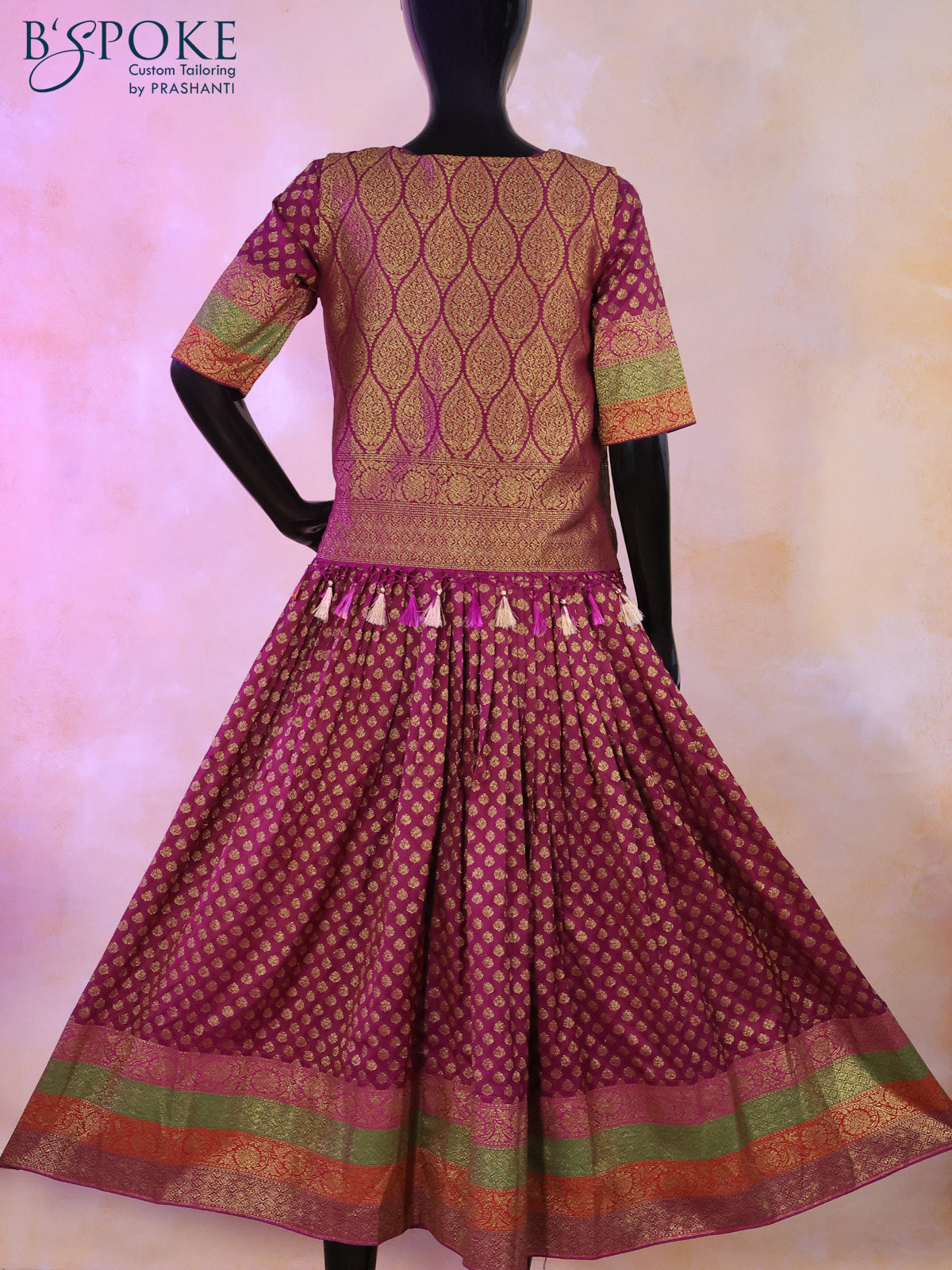 Banarasi georgette coat type kurti deep purple with allover zari woven butta weaves and long zari woven border