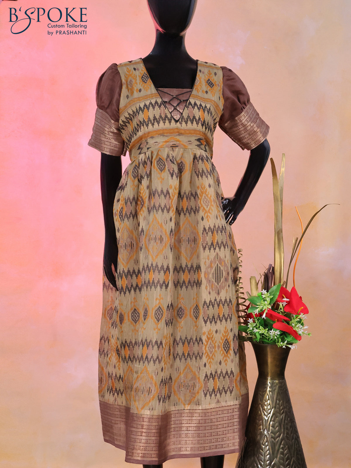 Chanderi umbrella kurti chikku shade and brown with allover ikat prints & Puff sleeve and back open & zip type