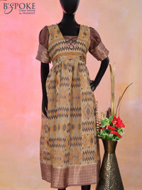 Chanderi umbrella kurti chikku shade and brown with allover ikat prints & Puff sleeve and back open & zip type