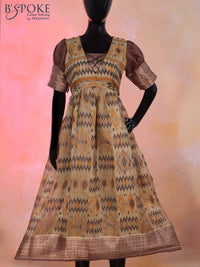 Chanderi umbrella kurti chikku shade and brown with allover ikat prints & Puff sleeve and back open & zip type