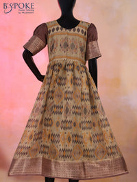 Chanderi umbrella kurti chikku shade and brown with allover ikat prints & Puff sleeve and back open & zip type