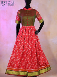 Semi tussar anarkali kurti dual shade of green and red with allover ikat weaves & collar neck pattern and back design