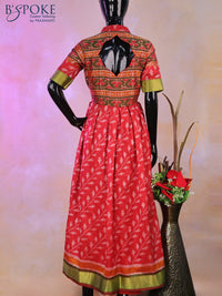 Semi tussar anarkali kurti dual shade of green and red with allover ikat weaves & collar neck pattern and back design