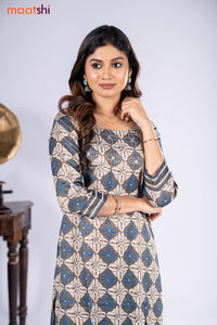 Cotton kurti beige and black shade with allover prints & embroidery miirror work neck pattern and straight cut pant