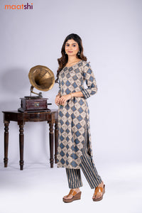 Cotton kurti beige and black shade with allover prints & embroidery miirror work neck pattern and straight cut pant