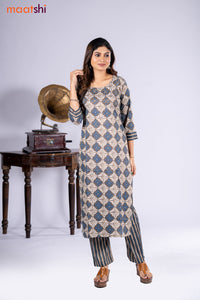 Cotton kurti beige and black shade with allover prints & embroidery miirror work neck pattern and straight cut pant